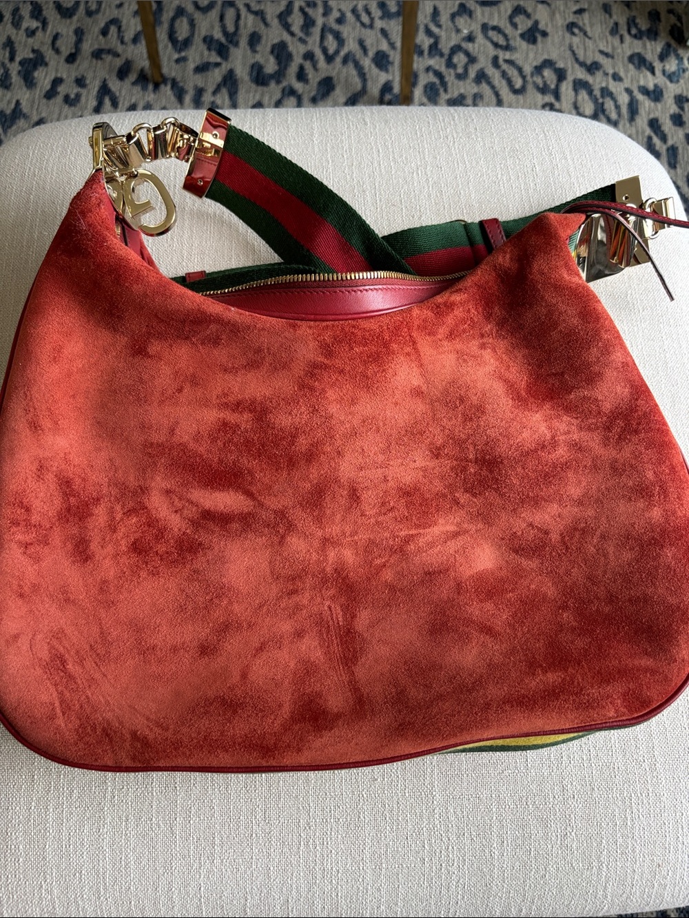 Gucci Orange Red Suede Shoulder Bag with Green-Red Web Strap - Picture 4 of 13